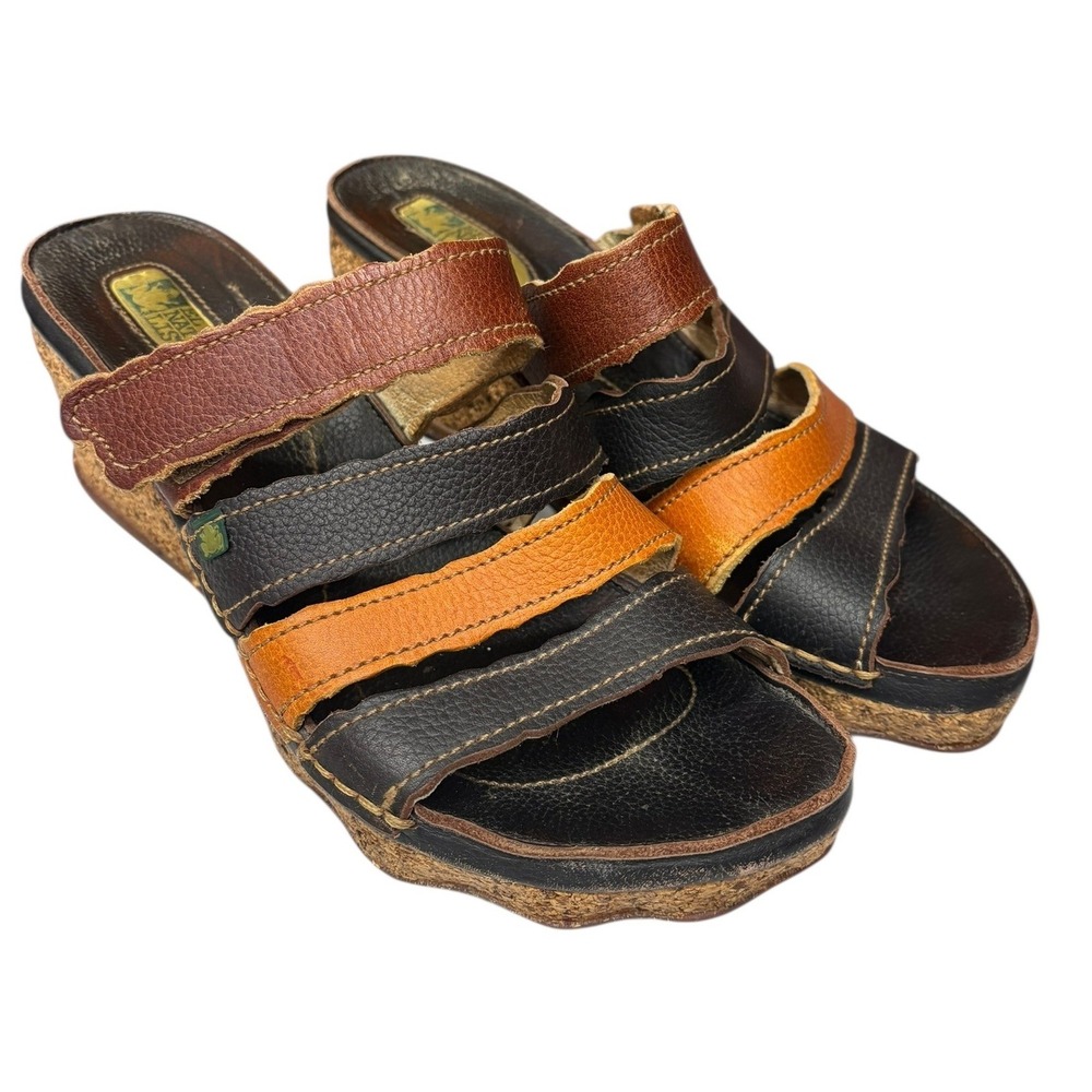 El‎ Naturalista Women's Colorblock Leather Strappy Slide Sandals Boho Retro 40